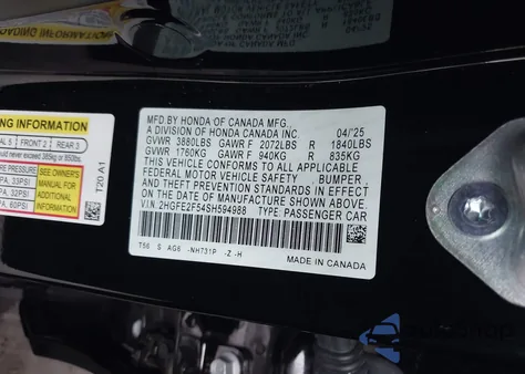 2025 Honda Civic Sport from USA, damaged, VIN 2HGFE2F54SH594988